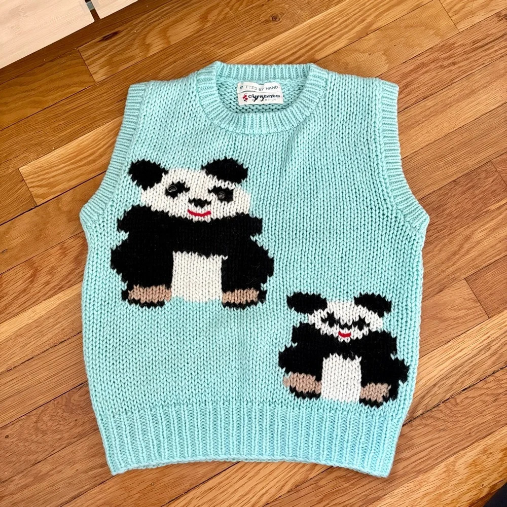 Vintage Currants Hand Knit Panda Bear Sleeveless Sweater Vest Top Size Small - Picture 4 of 6